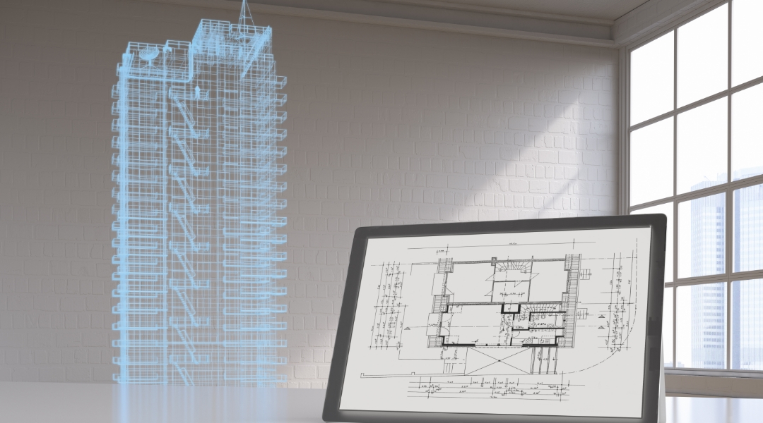 3d rendering of building next to tablet